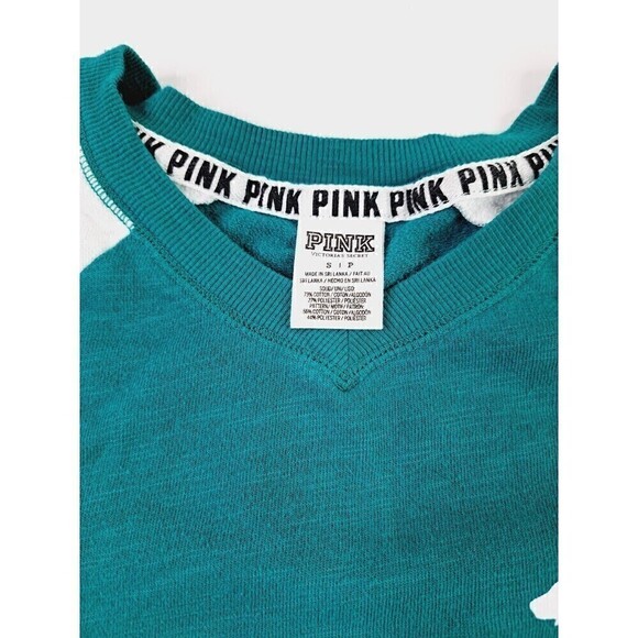VICTORIA'S SECRET PINK PIECED VARSITY CREW SWEATSHIRT PULLOVER MARL TEAL SIZE S - Picture 6 of 7